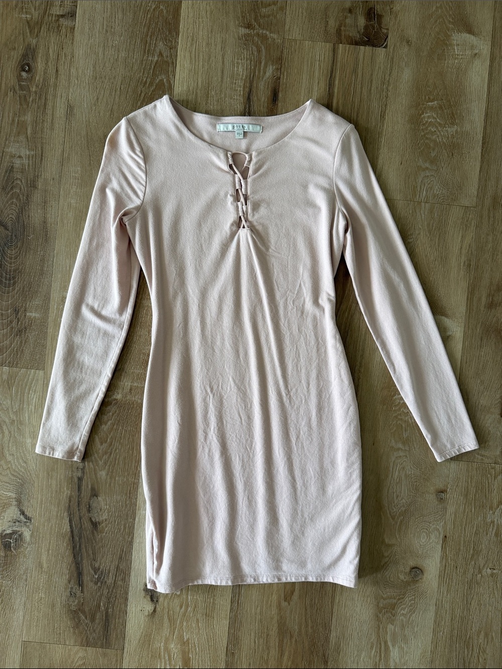 Guess Lace-Up Long Sleeve Bodycon Dress in Light Pink